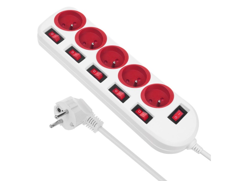 Maclean power strip, 5 socket extension cable, with switches, 250VAC/10A, 1.5m, MCE204 R/W MCE204 R/W – Maclean Разклонители