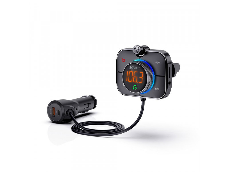 SAVIO FM transmitter, Bluetooth 5.0, QC/PD 3.0 charger, ENC, AUX OUT, Micro SD, TR-14, black SAVIO FM transmitter, Bluetooth 5.0, QC/PD 3.0 charger, ENC, AUX OUT, Micro SD, TR-14, black
