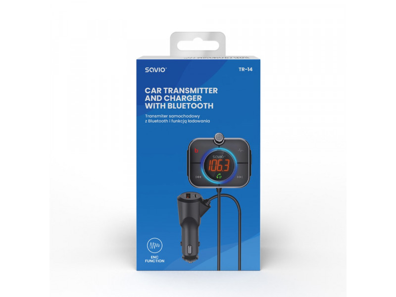 SAVIO FM transmitter, Bluetooth 5.0, QC/PD 3.0 charger, ENC, AUX OUT, Micro SD, TR-14, black SAVIO FM transmitter, Bluetooth 5.0, QC/PD 3.0 charger, ENC, AUX OUT, Micro SD, TR-14, black