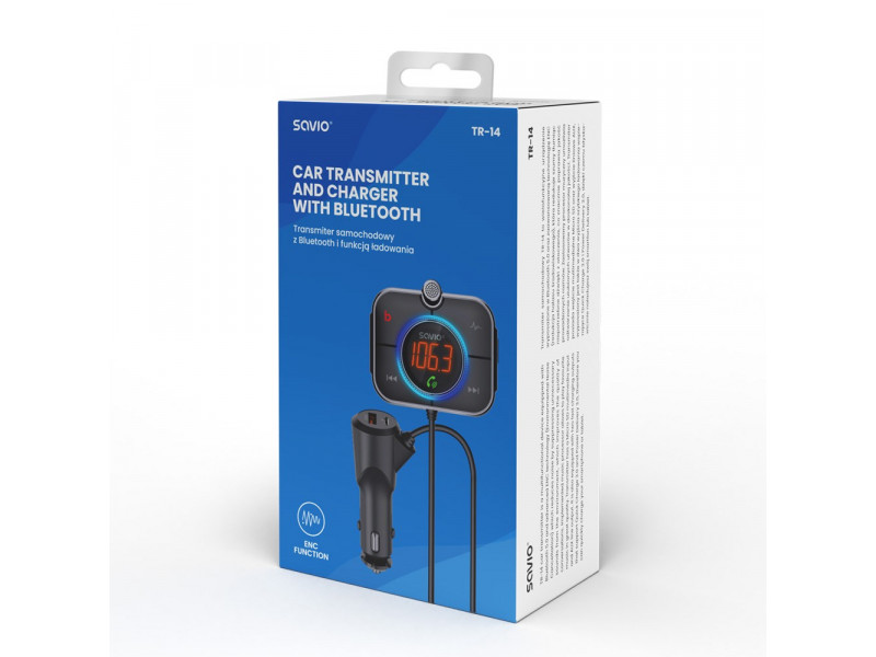 SAVIO FM transmitter, Bluetooth 5.0, QC/PD 3.0 charger, ENC, AUX OUT, Micro SD, TR-14, black SAVIO FM transmitter, Bluetooth 5.0, QC/PD 3.0 charger, ENC, AUX OUT, Micro SD, TR-14, black