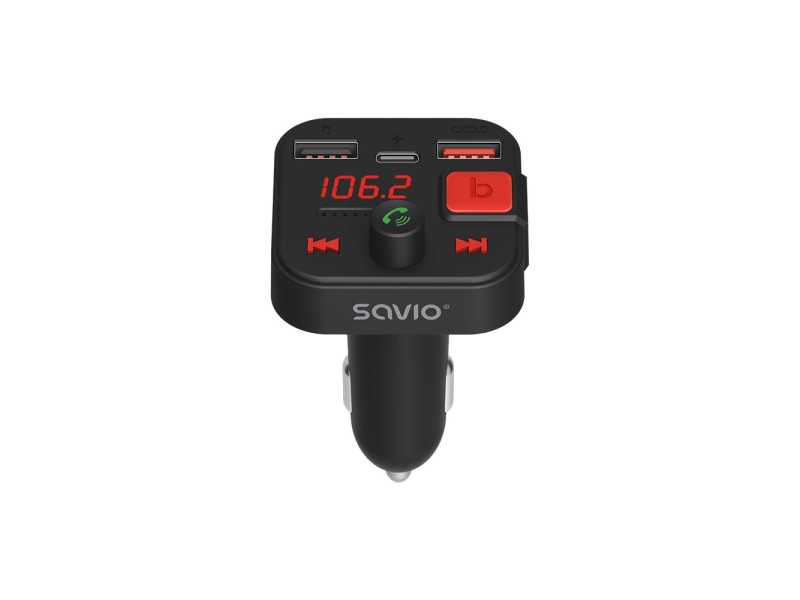 SAVIO FM transmitter, Bluetooth 5.3, QC 3.0 charger, LED display, Bass Boost, TR-15, black TR-15 – SAVIO FM трансмитери
