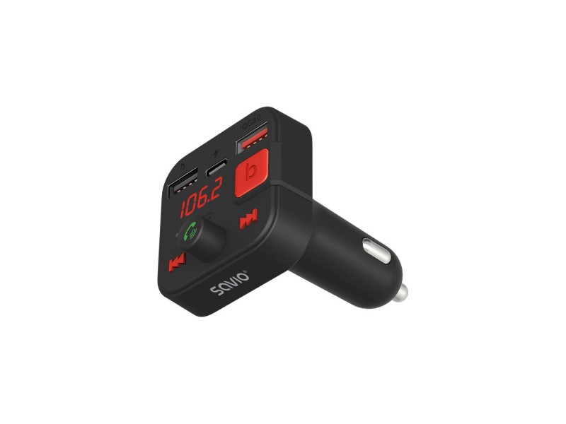 SAVIO FM transmitter, Bluetooth 5.3, QC 3.0 charger, LED display, Bass Boost, TR-15, black TR-15 – SAVIO FM трансмитери