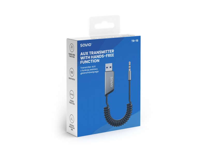 Savio TR-16 Transmitter AUX adapter with hands-free function, Bluetooth 5.3, Google Assistant/Siri Savio TR-16 Transmitter AUX adapter with hands-free function, Bluetooth 5.3, Google Assistant/Siri