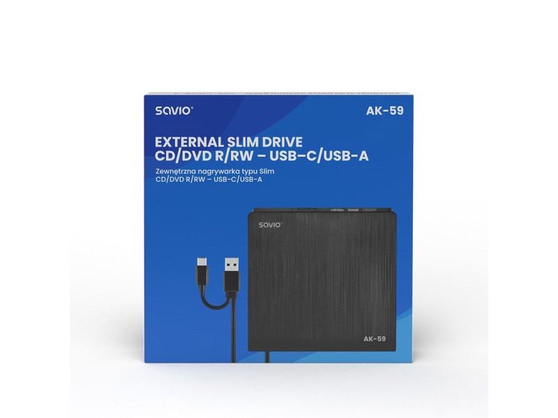 SAVIO AK-59 External slim CD/DVD Recorder R/RW - USB-C/USB-A, black AK-59 – SAVIO Оптични устройства