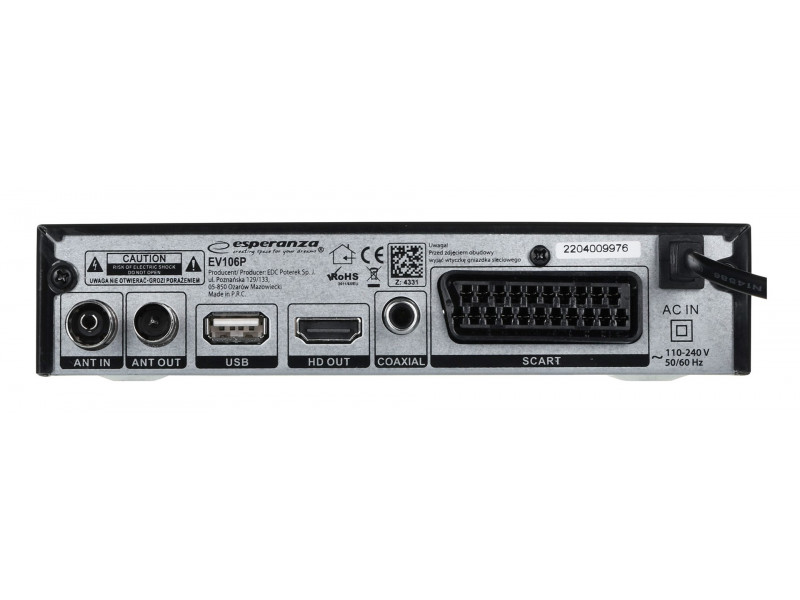Esperanza EV106P Digital DVB-T2 H.265/HEVC tuner, Black Esperanza EV106P Digital DVB-T2 H.265/HEVC tuner, Black