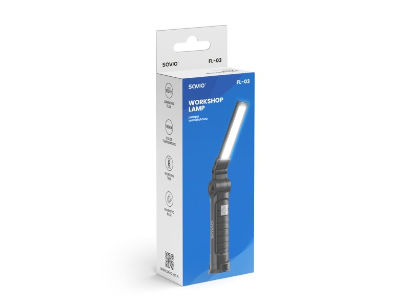 Savio FL-03 COB LED 3W rechargeable workshop lamp, USB-C, 150 lm, rotating head, magnet Savio FL-03 COB LED 3W rechargeable workshop lamp, USB-C, 150 lm, rotating head, magnet FL-03 – SAVIO Фенери