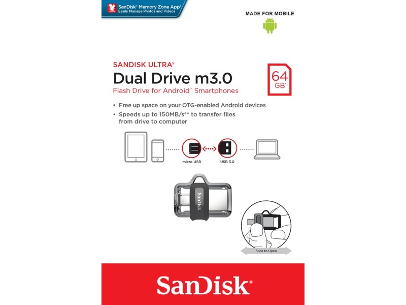 Sandisk Ultra Dual m3.0 USB flash drive 64 GB USB Type-A / Micro-USB 3.2 Gen 1 (3.1 Gen 1) Black,Silver,Transparent SDDD3-064G-G46 – SANDISK USB памети