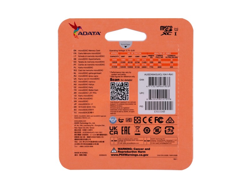 ADATA 64GB, microSDHC, Class 10 UHS-I AUSDX64GUICL10A1-RA1 – ADATA Карти памет