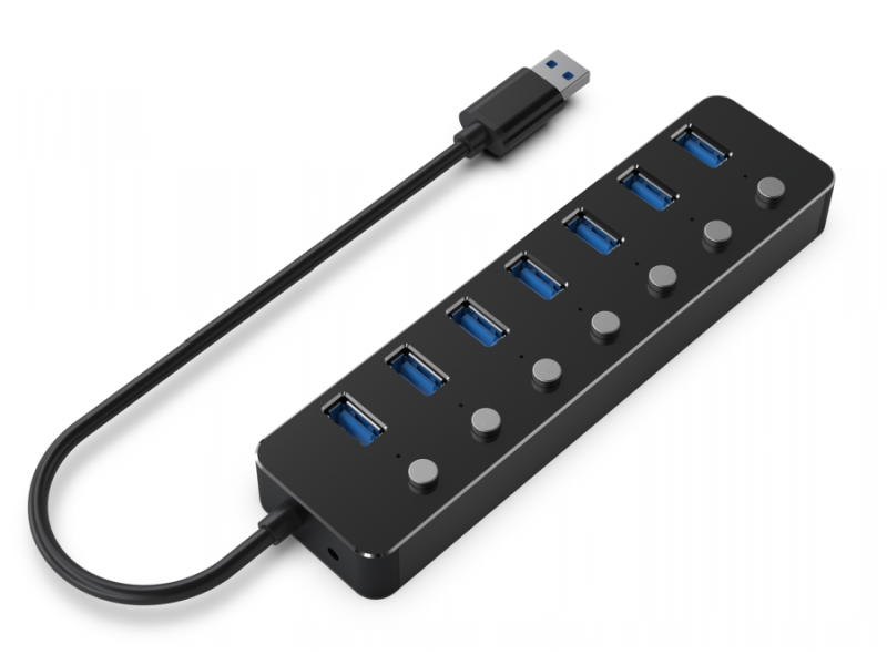 Gembird UHB-U3P7P-01  7-port USB 3.1 (Gen 1) hub with switches, black UHB-U3P7P-01 – GEMBIRD USB Хъбове