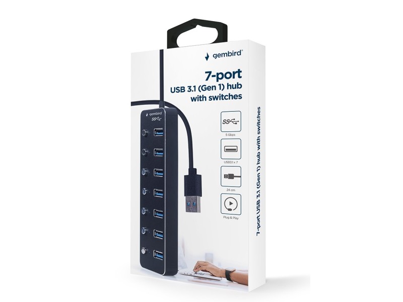 Gembird UHB-U3P7P-01  7-port USB 3.1 (Gen 1) hub with switches, black UHB-U3P7P-01 – GEMBIRD USB Хъбове