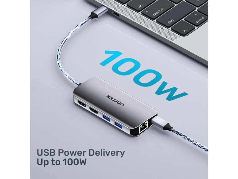 UNITEK ACTIVE HUB USB-C 2X HDMI 4K, RJ45, PD 100W D1122A01 – UNITEK USB Хъбове