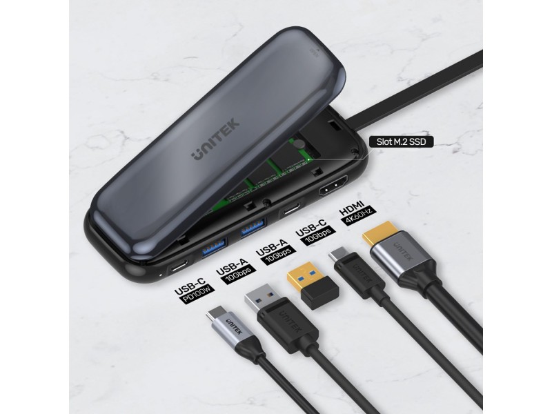 UNITEK HUB USB-C STORAGE M.2, HDMI, USB-C PD 100W, D1046A D1046A – UNITEK USB Хъбове
