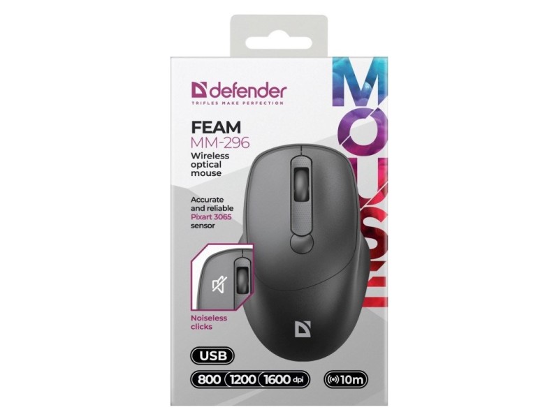 MOUSE DEFENDER FEAM MM-296 RF SILENT BLACK 52296 – Defender Мишки