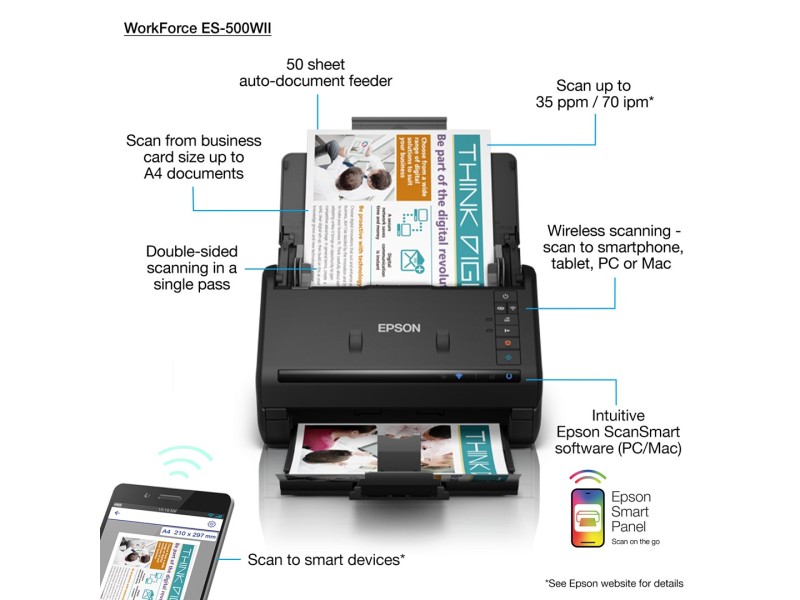 Epson WorkForce ES-500WII Sheet-fed scanner 600 x 600 DPI A4 Black B11B263401 – Epson Скенери
