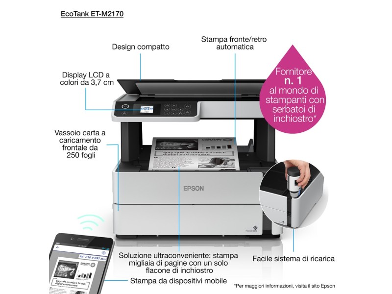 Epson EcoTank M2170 Inkjet A4 1200 x 2400 DPI 39 ppm Wi-Fi C11CH43402 – Epson Мастиленоструйни мултифункционални устройства
