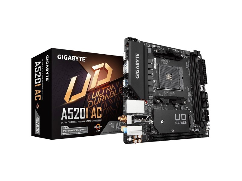 GIGABYTE A520I AC Motherboard - Supports AMD Ryzen 5000 Series AM4 CPUs, 6 Phases Digital VRM, up to 5300MHz DDR4 (OC), 1xPCIe 3.0 M.2, WIFI, GbE LAN, USB 3.2 Gen1 A520I AC – GIGABYTE Дънни платки