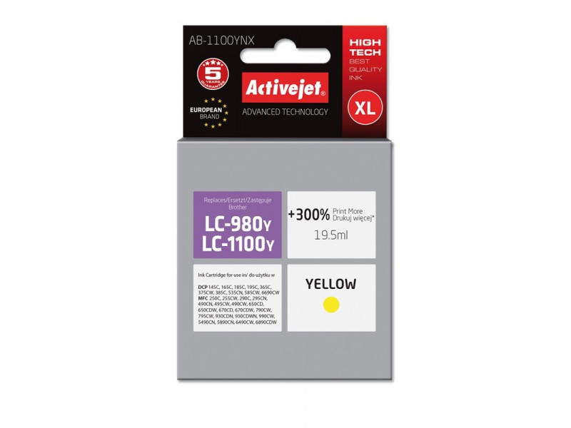 Activejet AB-1100YNX Ink cartridge (replacement for Brother LC1100Y/980Y; Supreme; 19.5 ml; yellow)