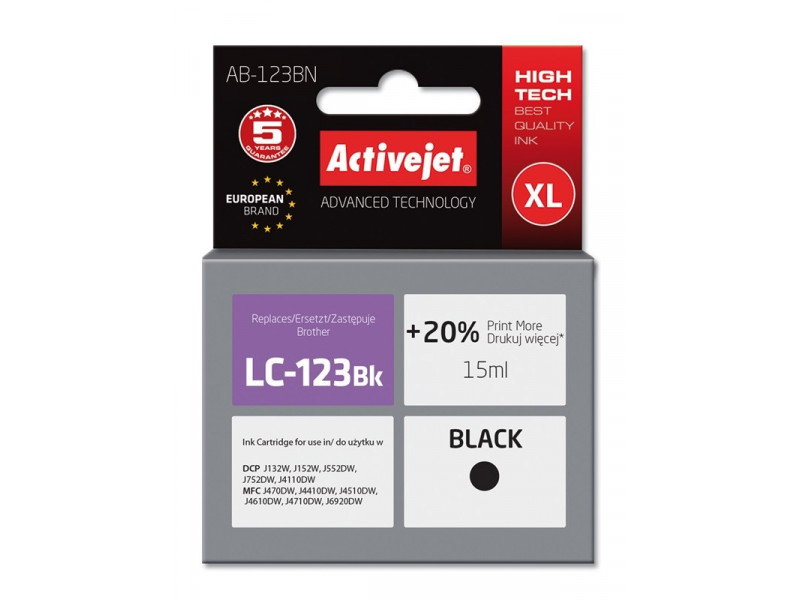 Activejet AB-123BN ink (replacement for Brother LC123Bk/LC121Bk; Supreme; 15 ml; black) Activejet AB-123BN ink (replacement for Brother LC123Bk/LC121Bk; Supreme; 15 ml; black)