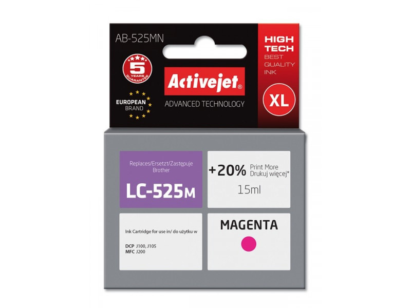 Activejet AB-525MN Ink Cartridge (Replacement for Brother LC525M; Supreme; 15 ml; magenta). Prints 20% more than OEM. Activejet AB-525MN Ink Cartridge (Replacement for Brother LC525M; Supreme; 15 ml; magenta). Prints 20% more than OEM.