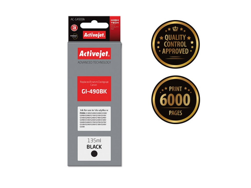 Activejet AC-G490Bk Ink cartridge (replacement for Canon GI-490BK; Supreme; 135 ml; 6000 pages, black) Activejet AC-G490Bk Ink cartridge (replacement for Canon GI-490BK; Supreme; 135 ml; 6000 pages, black)