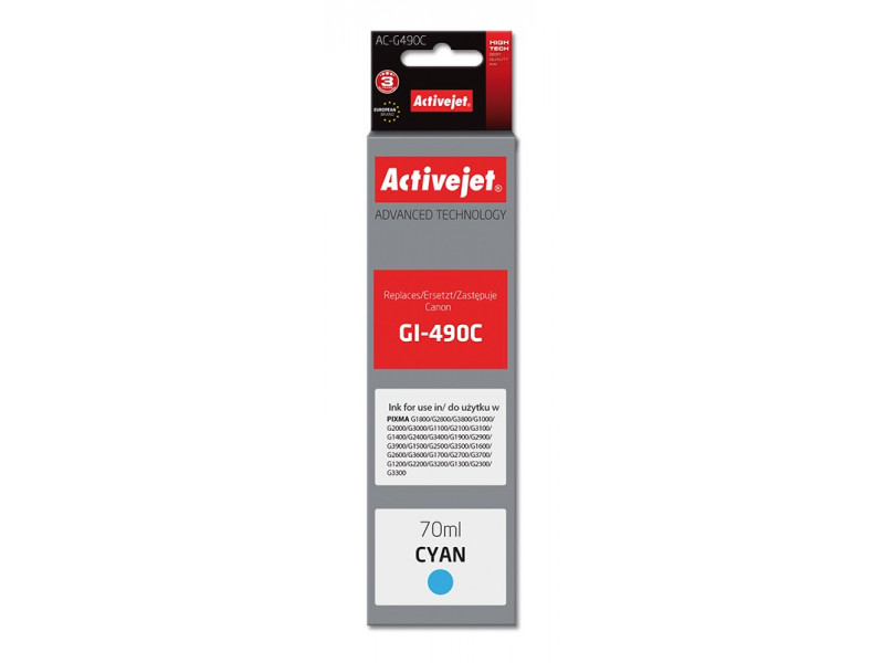 Activejet AC-G490C Ink cartridge (replacement for Canon GI-490C; Supreme; 70 ml; 7000 pages, cyan) Activejet AC-G490C Ink cartridge (replacement for Canon GI-490C; Supreme; 70 ml; 7000 pages, cyan)