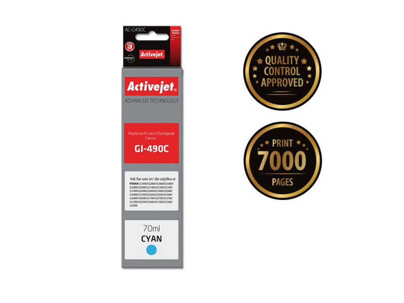 Activejet AC-G490C Ink cartridge (replacement for Canon GI-490C; Supreme; 70 ml; 7000 pages, cyan) Activejet AC-G490C Ink cartridge (replacement for Canon GI-490C; Supreme; 70 ml; 7000 pages, cyan)