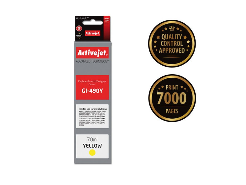 Activejet AC-G490Y Ink cartridge (replacement for Canon GI-490Y; Supreme; 70 ml; 7000 pages, yellow) Activejet AC-G490Y Ink cartridge (replacement for Canon GI-490Y; Supreme; 70 ml; 7000 pages, yellow)