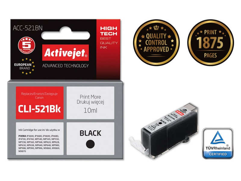 Activejet ACC-521BN Ink cartridge (replacement for Canon CLI-521Bk; Supreme; 10 ml; black) Activejet ACC-521BN Ink cartridge (replacement for Canon CLI-521Bk; Supreme; 10 ml; black)