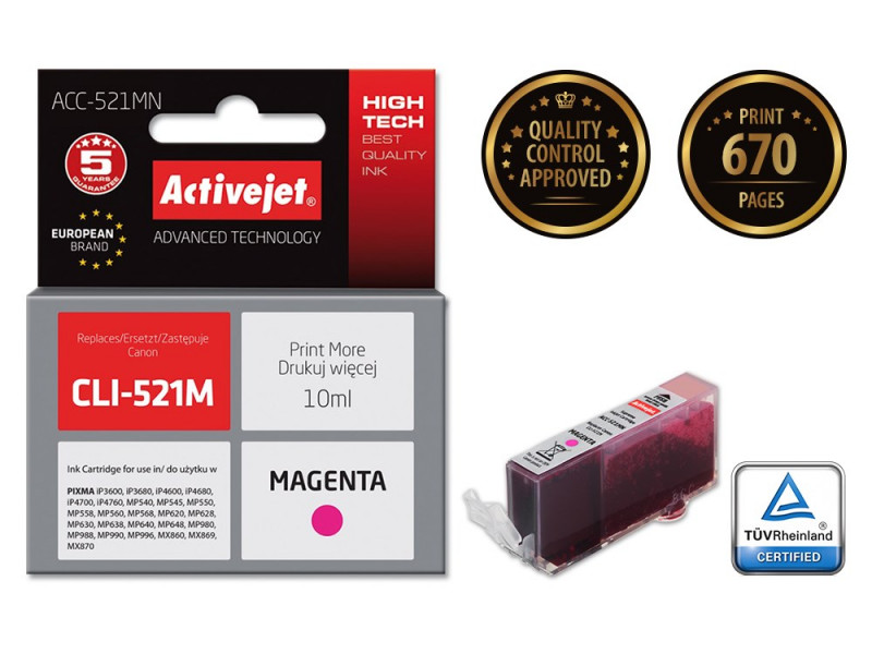 Activejet ACC-521MN Ink cartridge (replacement for Canon CLI-521M; Supreme; 10 ml; magenta) Activejet ACC-521MN Ink cartridge (replacement for Canon CLI-521M; Supreme; 10 ml; magenta)