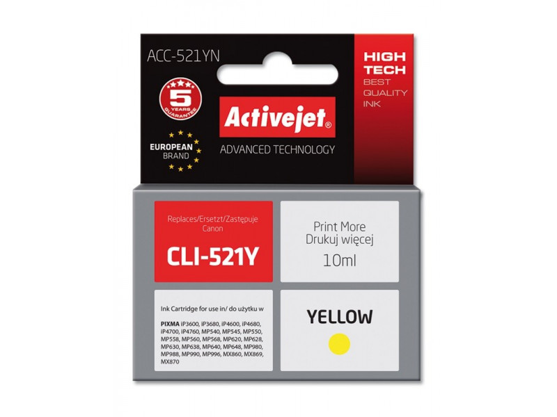 Activejet ACC-521YN Ink cartridge (replacement for Canon CLI-521Y; Supreme; 10 ml; yellow) Activejet ACC-521YN Ink cartridge (replacement for Canon CLI-521Y; Supreme; 10 ml; yellow)
