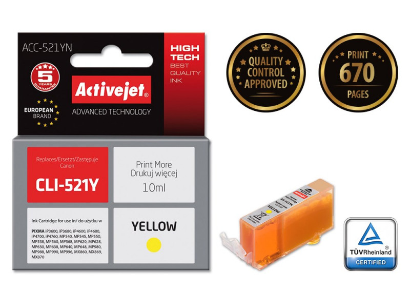 Activejet ACC-521YN Ink cartridge (replacement for Canon CLI-521Y; Supreme; 10 ml; yellow) Activejet ACC-521YN Ink cartridge (replacement for Canon CLI-521Y; Supreme; 10 ml; yellow)