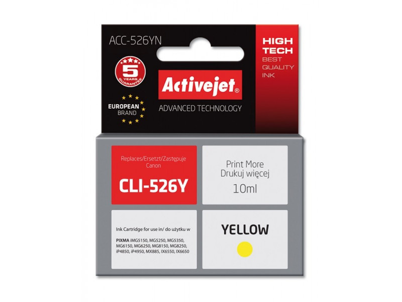 Activejet ACC-526YN Ink cartridge (replacement for Canon CLI-526Y; Supreme; 10 ml; yellow) Activejet ACC-526YN Ink cartridge (replacement for Canon CLI-526Y; Supreme; 10 ml; yellow)
