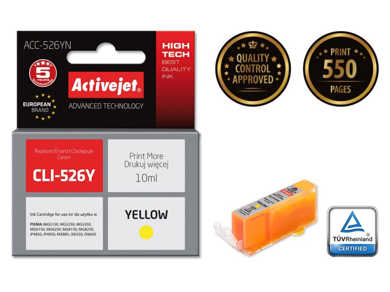 Activejet ACC-526YN Ink cartridge (replacement for Canon CLI-526Y; Supreme; 10 ml; yellow) Activejet ACC-526YN Ink cartridge (replacement for Canon CLI-526Y; Supreme; 10 ml; yellow)