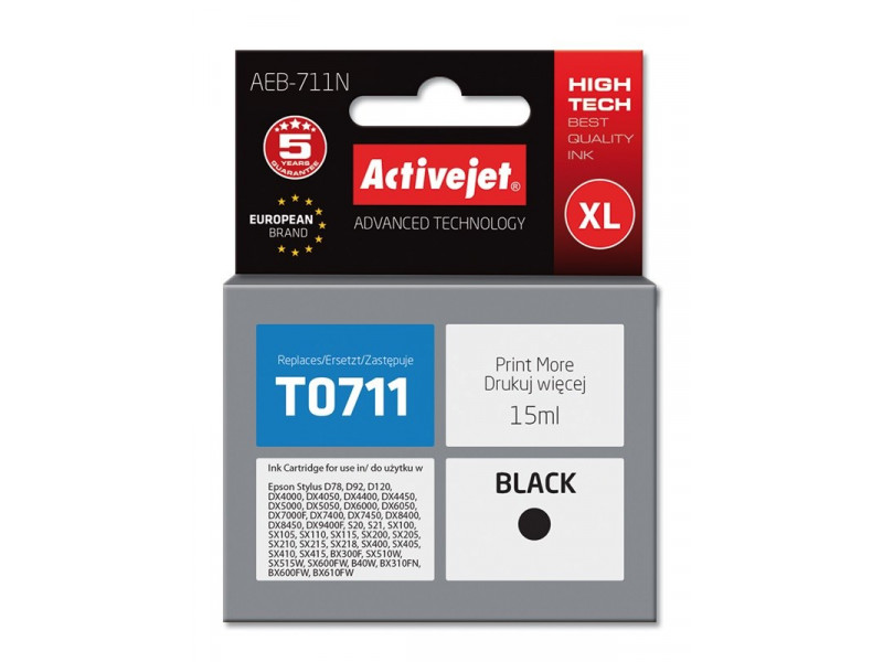 Activejet AEB-711N Ink cartridge (replacement for Epson T0711, T0891, T1001; Supreme; 15 ml; black) Activejet AEB-711N Ink cartridge (replacement for Epson T0711, T0891, T1001; Supreme; 15 ml; black)