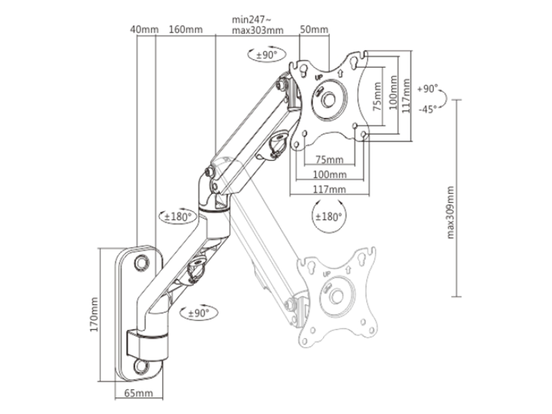 Gembird MA-WA1-02 Adjustable wall display mounting arm, 17”-27”, up to 7 kg MA-WA1-02 – GEMBIRD Стойки