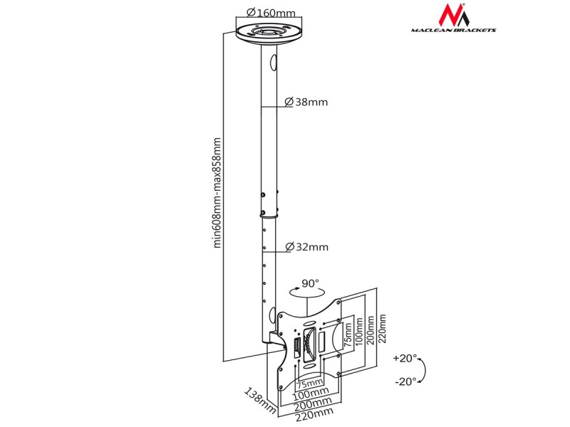 Maclean MC-504A B TV Ceiling Bracket 23-42 50 - 85 cm 30kg Black MC-504B – Maclean Стойки