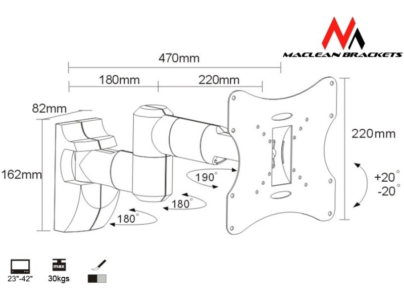 TV Wall Mount Bracket LCD LED Plasma 23-42 up to 30kg max vesa 200x200 Silver MC-503S – Maclean Стойки