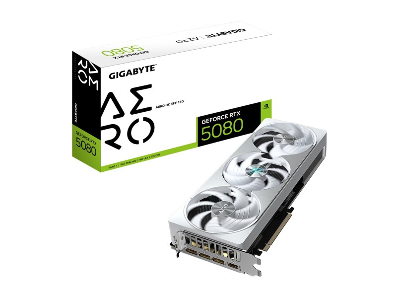 GIGABYTE GeForce RTX 5080 AERO OC SFF 16G Graphics Card - 16GB GDDR7, 256bit, PCI-E 5.0, 2730MHz Core Clock, 3 x DisplayPort, 1 x HDMI, GV-N5080AERO OC-16GD GV-N5080AERO OC-16GD – GIGABYTE Видео карти