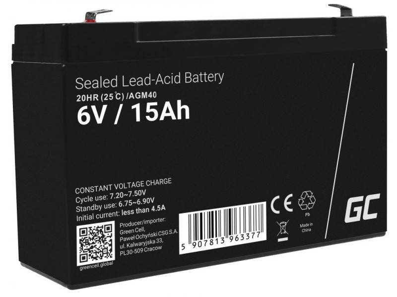 Green Cell AGM40 UPS battery Sealed Lead Acid (VRLA) 6 V 15 Ah AGM40 – Green Cell Батерии за UPS и СОТ - аларми