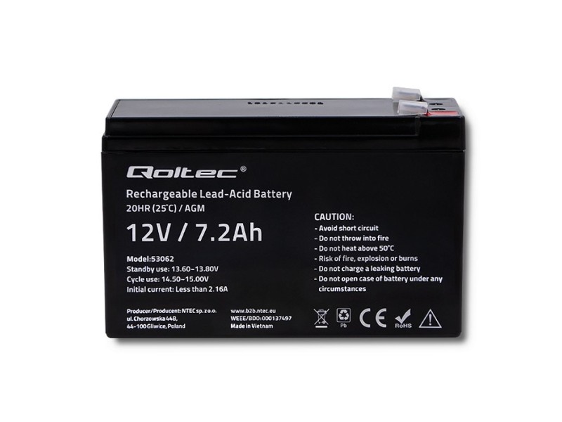 Qoltec 53062 AGM battery | 12V | 7.2 Ah | max 108A 53062 – Qoltec Батерии за UPS и СОТ - аларми