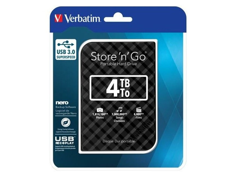 Външен харддиск Verbatim Disco Duro Portátil Store 'n' Go USB 3.0 de 4 TB en color Negro USB 3.0