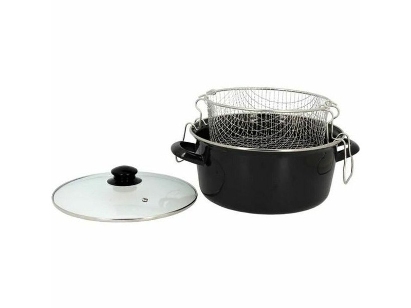 Тиган Фритюрник с Кошница TheKitchenette 3645580 Черен Кристал Стомана Бакелит Емайлирана Стомана