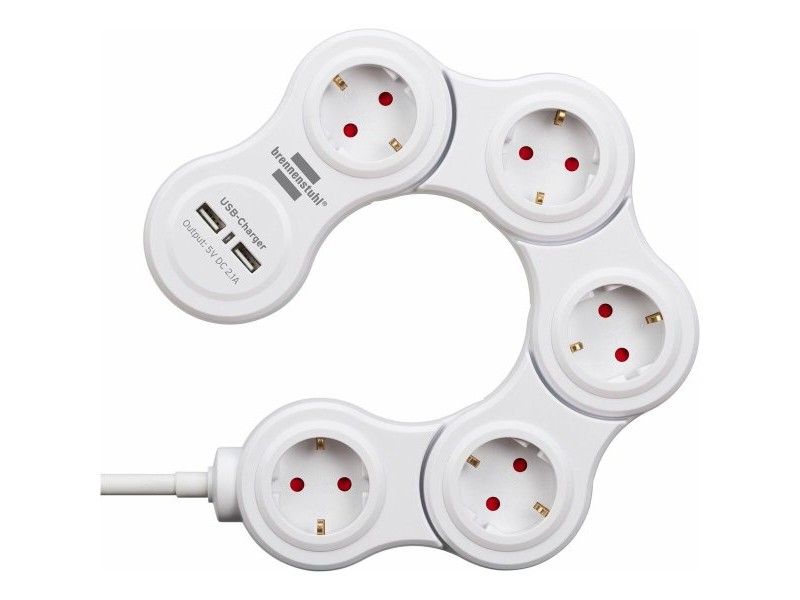 Контакт - 5 изхода с копче Brennenstuhl Vario-Power Бял 3600 W USB x 2 (1,4 m)