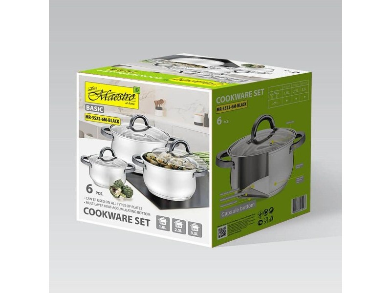 Касерола с Капак Feel Maestro MR-3522-6M-BLACK Сребрист Стомана Неръждаема стомана Ø 18 cm Ø 20 cm Ø 16 cm 2,5 L 1,8 L 3,5 L (6
