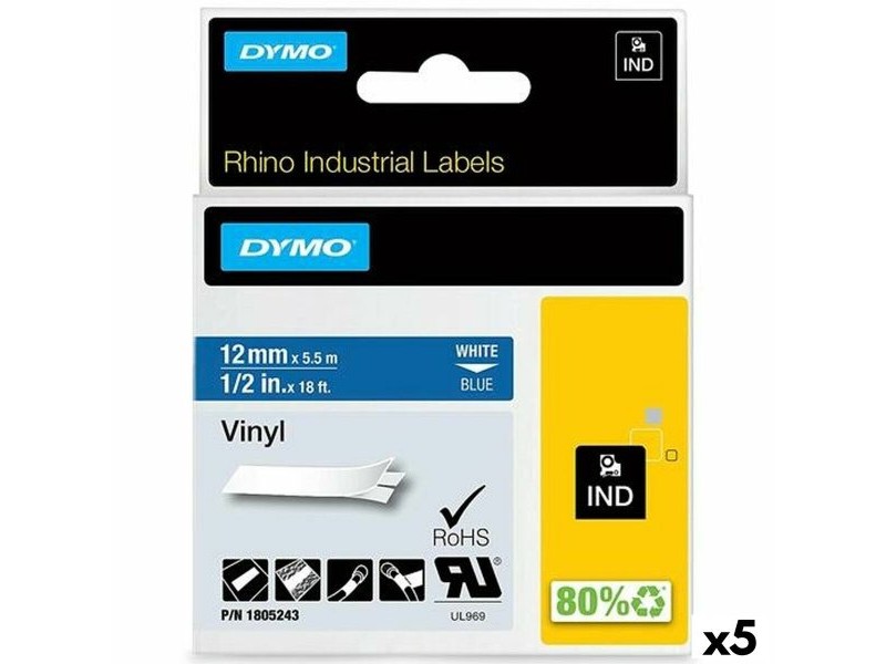 Ламинирана лента за етикетиране Rhino Dymo ID1-12 Син Бял 12 x 5,5 mm Самозалепващи Винил (5 броя)