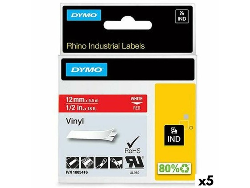 Ламинирана лента за етикетиране Rhino Dymo ID1-12 12 x 5,5 mm Червен Бял Винил Самозалепващи (5 броя)