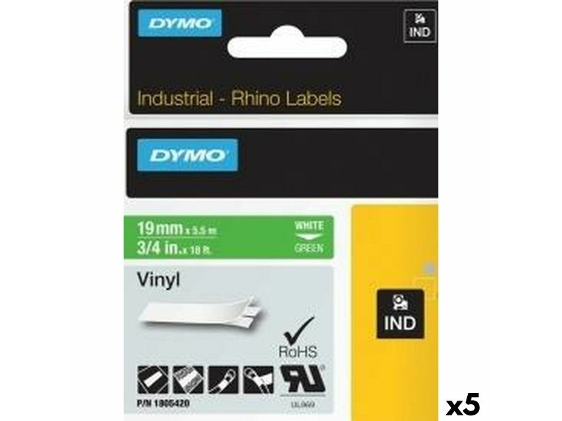 Ламинирана лента за етикетиране Rhino Dymo ID1-19 19 x 5,5 mm Бял Зелен Винил Самозалепващи (5 броя)