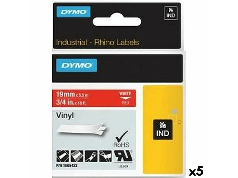 Ламинирана лента за етикетиране Rhino Dymo ID1-19 19 x 5,5 mm Червен Бял Винил Самозалепващи (5 броя)