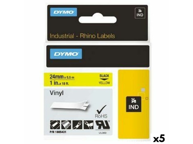 Ламинирана лента за етикетиране Rhino Dymo ID1-24 24 x 5,5 mm Черен Жълт Винил Самозалепващи (5 броя)