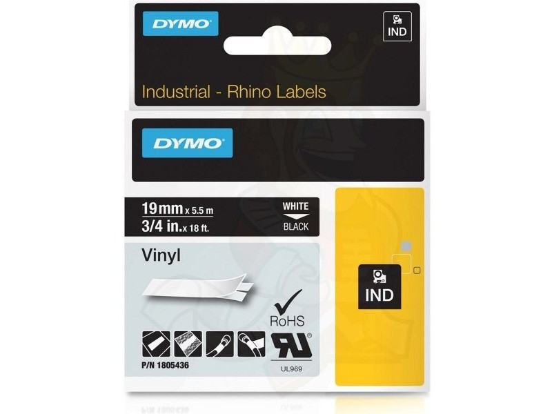 Ламинирана лента за етикетиране Rhino Dymo ID1-19 19 x 5,5 mm Черен полиестер Бял Самозалепващи (5 броя)